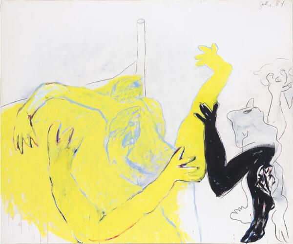 Weißer Hintergrund, gelb, schwarz gemalte Figuren, abstrakt, verschlungen.
