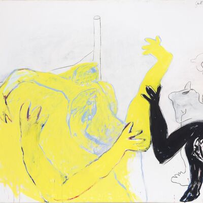 Weißer Hintergrund, gelb, schwarz gemalte Figuren, abstrakt, verschlungen.