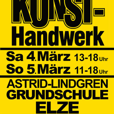 Ein gelbes Plakat mit schwarzer Schrift "Kunst-Handwerk".