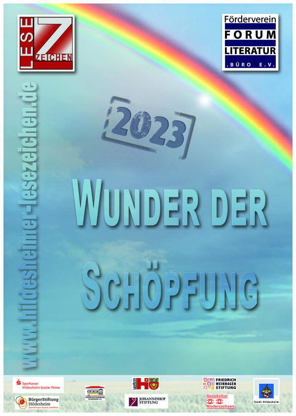 Bild vergrößern: Ein blaues Plakat mit hellblauer Schrift "Wunder der Schöpfung" und einem Regenbogen.